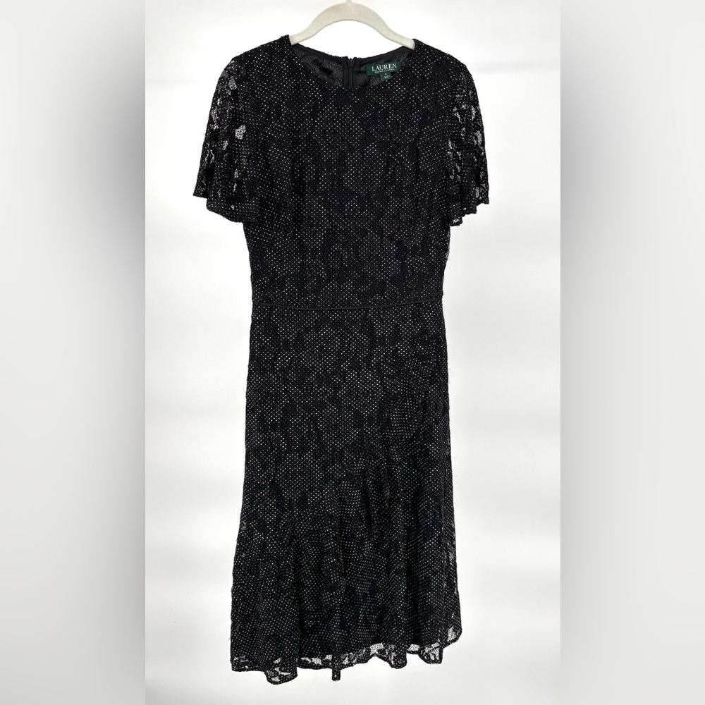 Lauren Ralph Lauren Black Lace Swiss Dot Midi Dress Sz 2 Ruffle Feminine A-Line